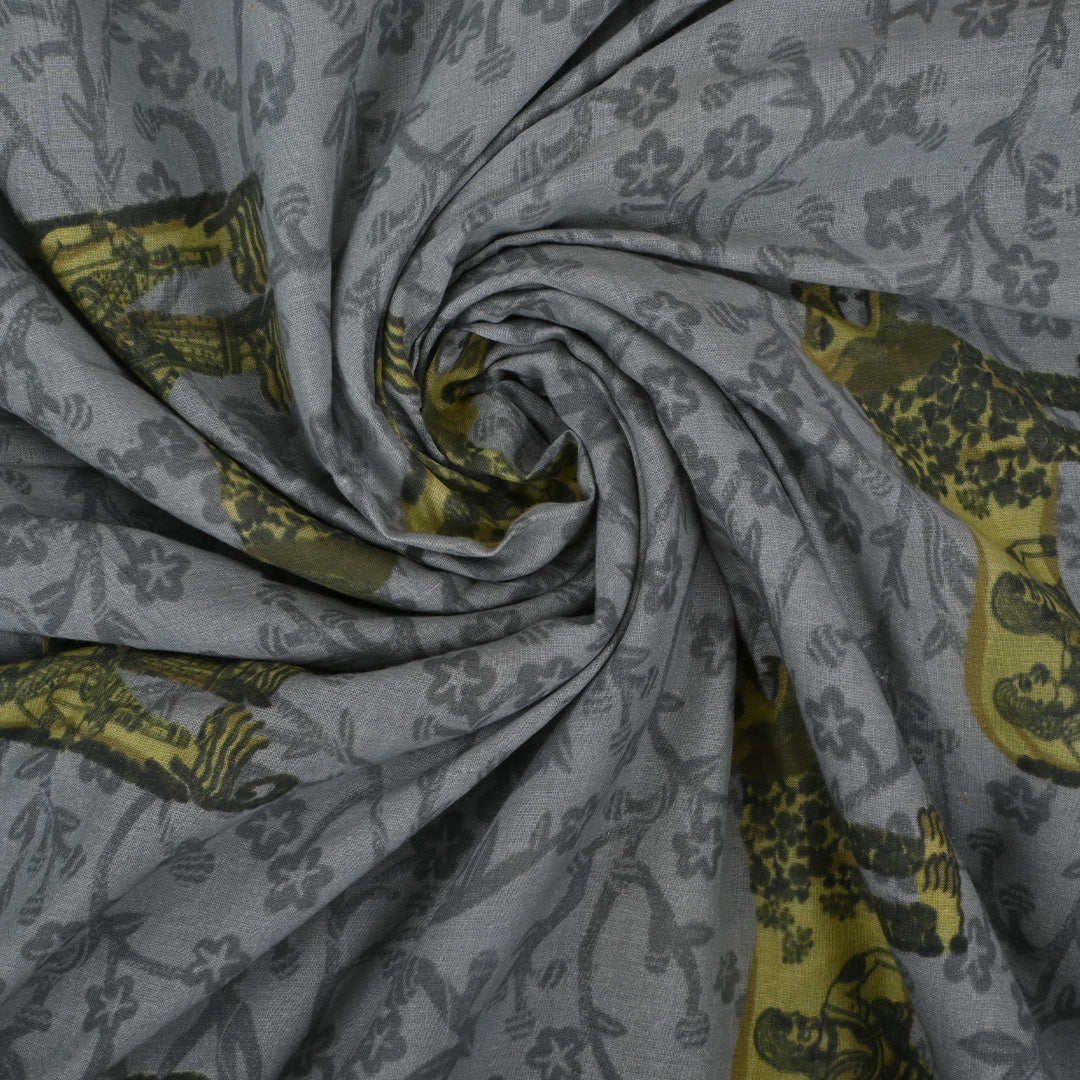 Platinum Grey Printed Shikaar Bagh Chanderi Fabric