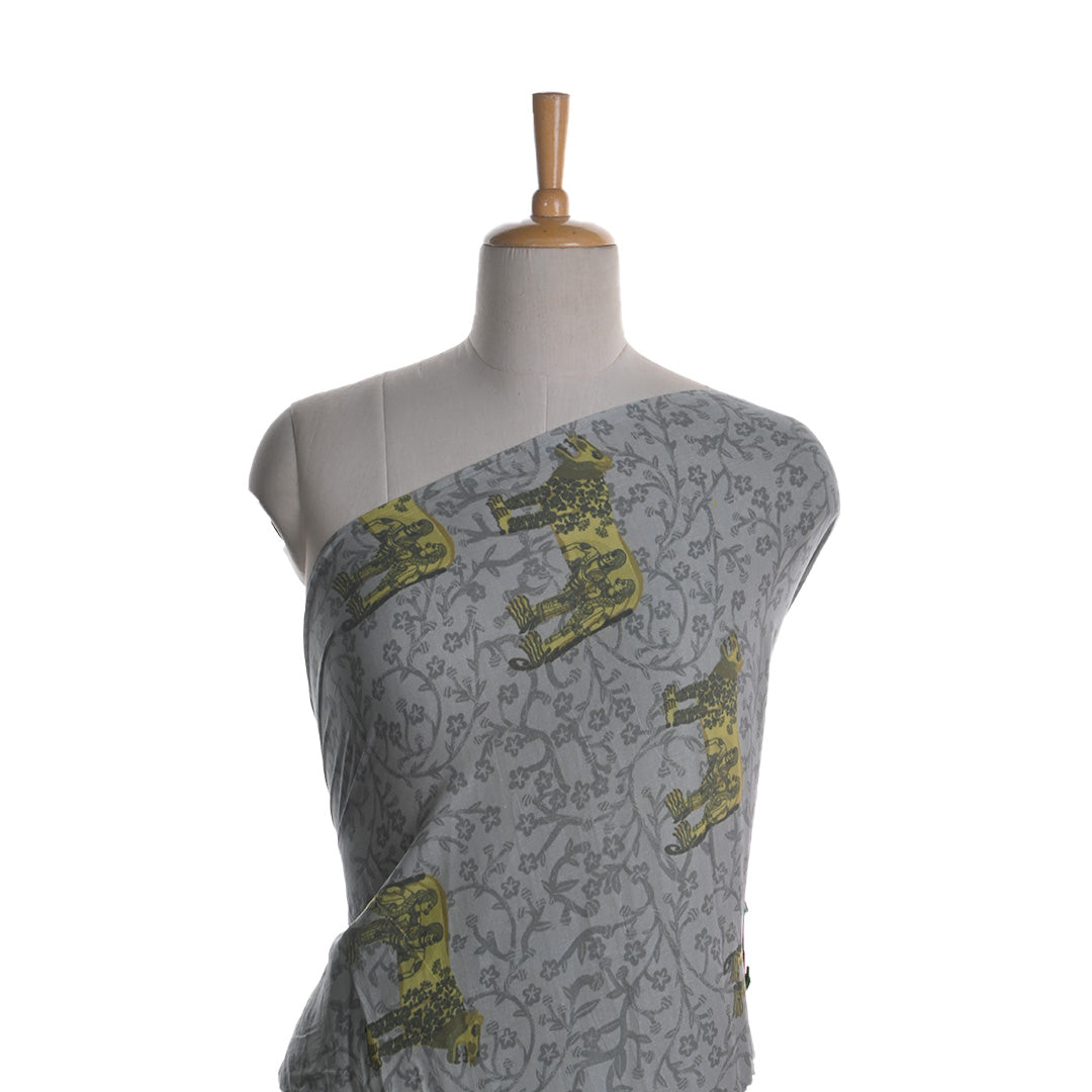 Platinum Grey Printed Shikaar Bagh Chanderi Fabric