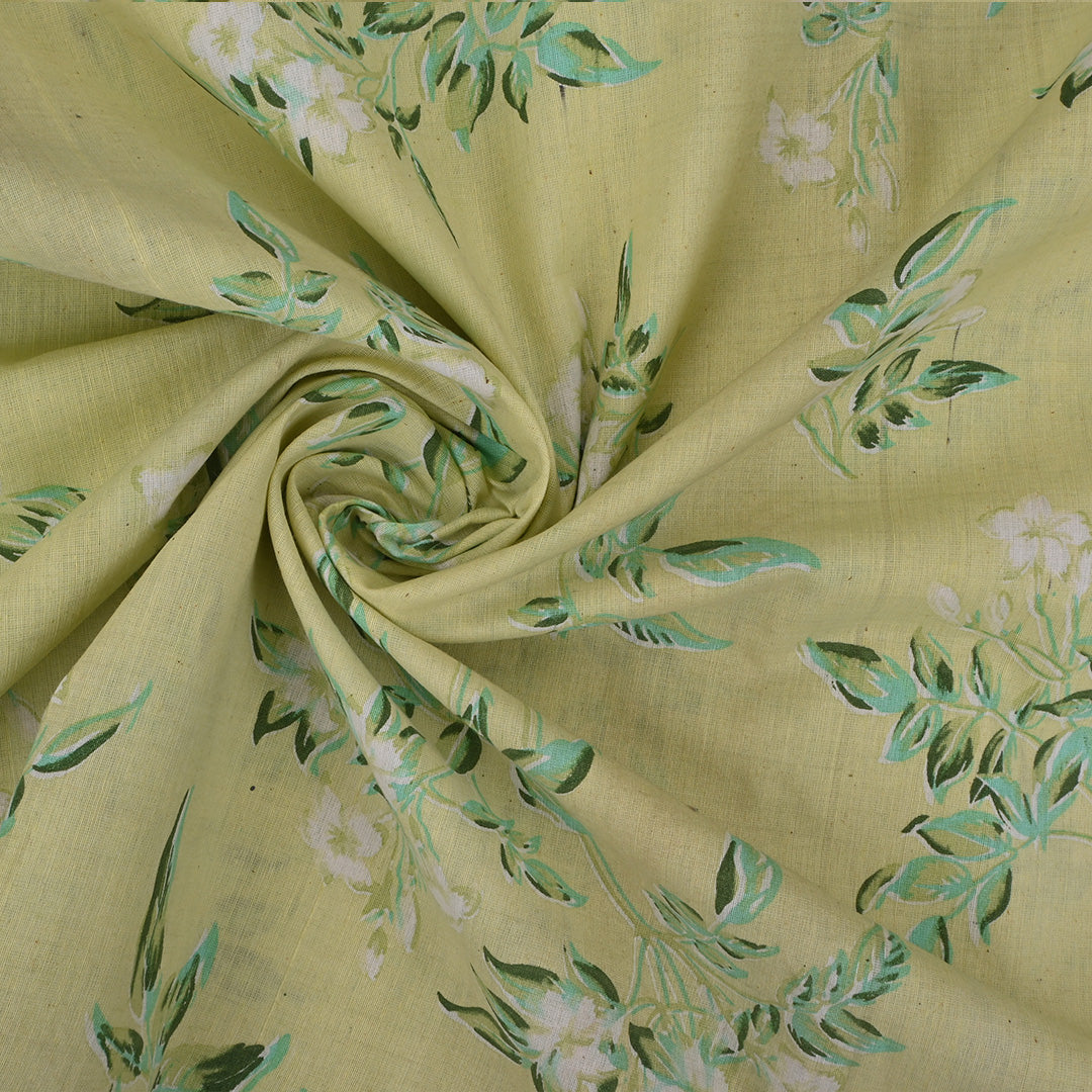 Dusty Yellow Floral Printed Matka Fabric