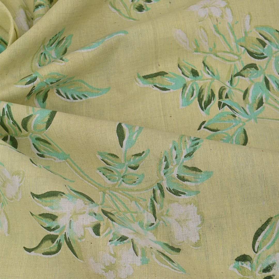 Dusty Yellow Floral Printed Matka Fabric