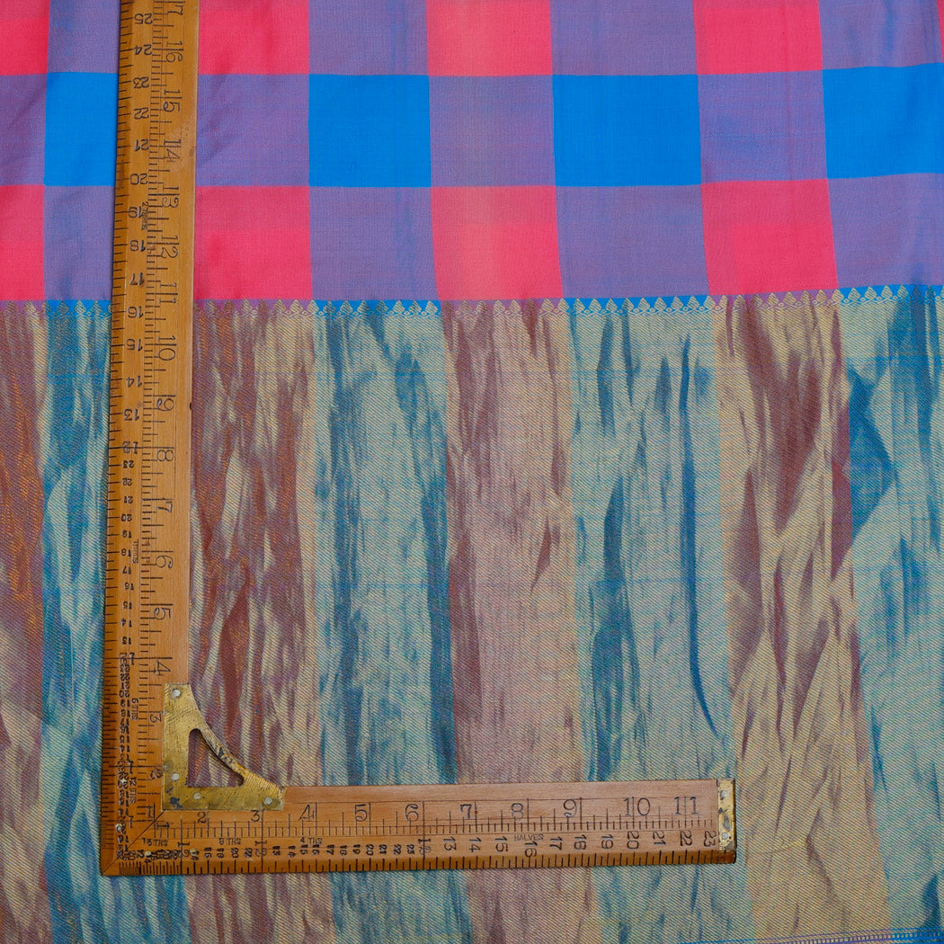 Blue- Pink Silk Fabric With Checks Pattern