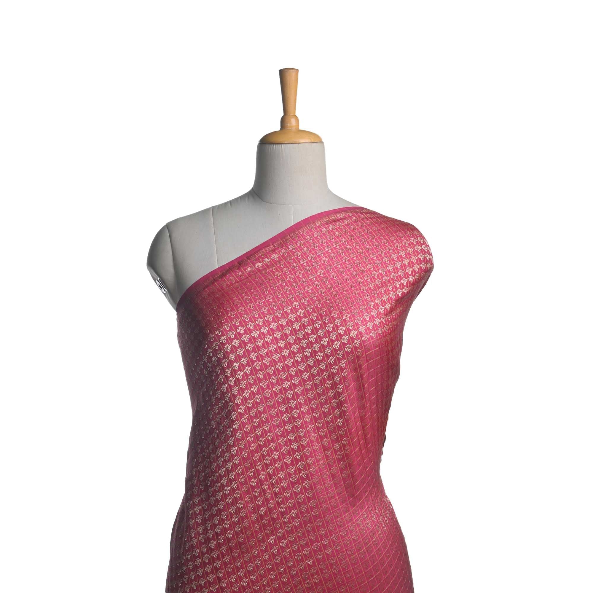 Ruby Pink Butti Checks Kanjivaram Fabric