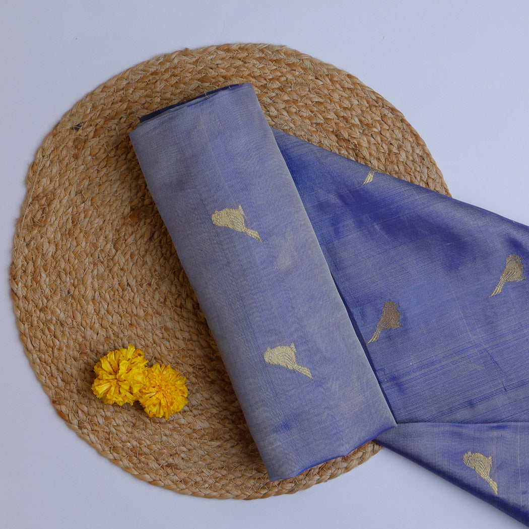 Ink Blue Silk Fabric With Bird Motifs