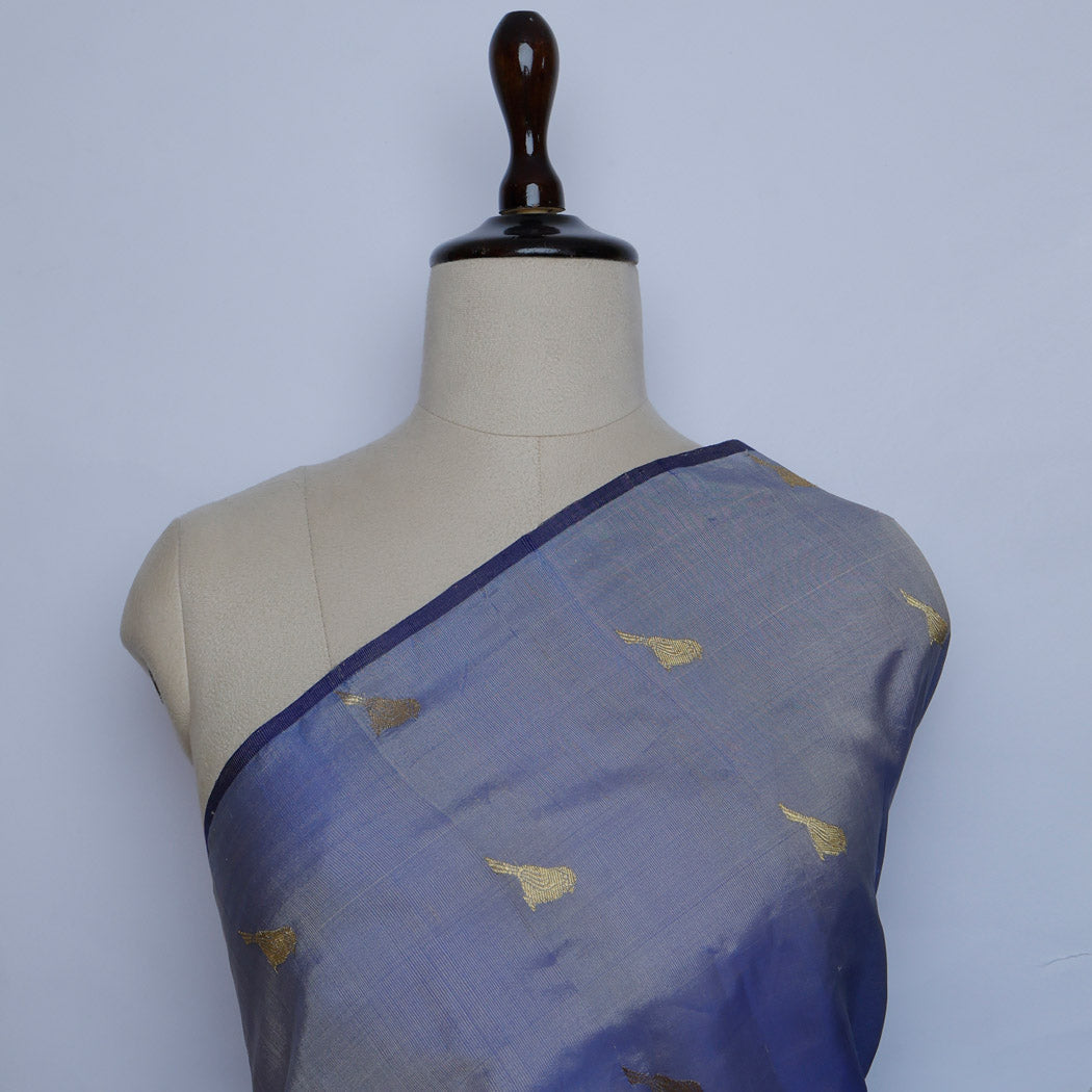 Ink Blue Silk Fabric With Bird Motifs