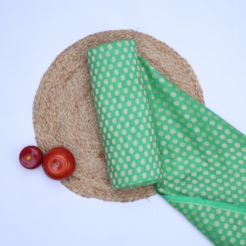 Green Jamawar Silk Fabric With Round Buttas