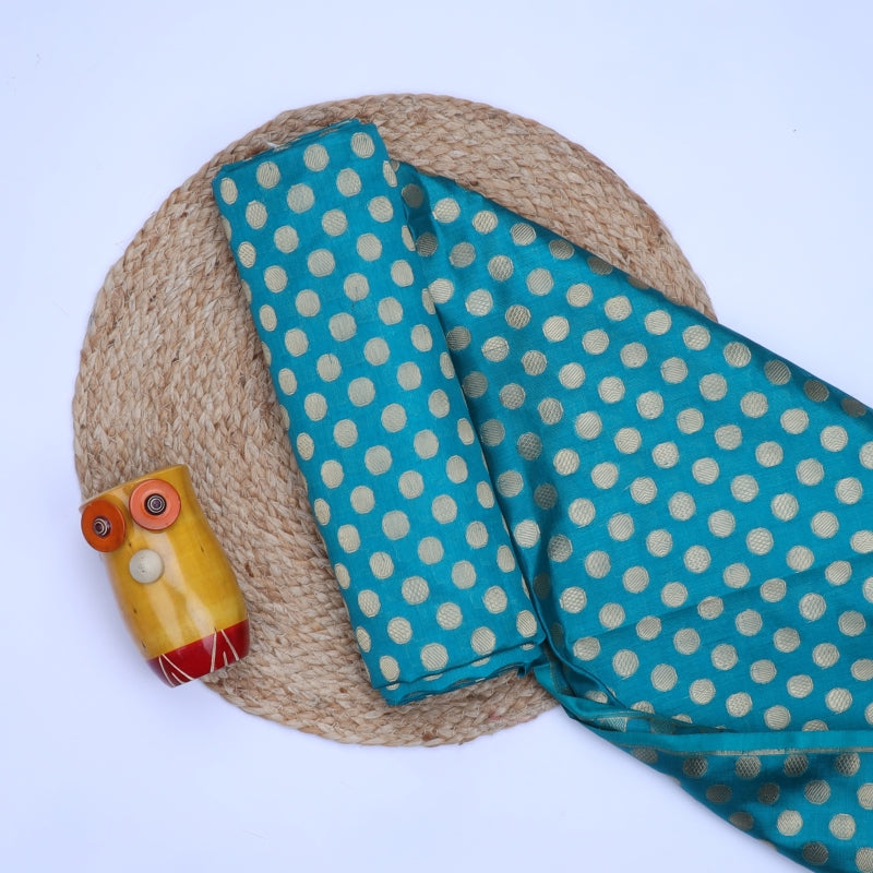 Teal Blue Jamawar Silk Fabric With Round Buttas