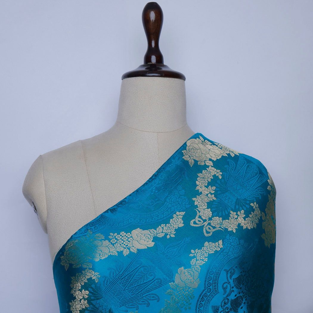Cerulean Blue Satin Silk Fabric With Floral Jaal Pattern