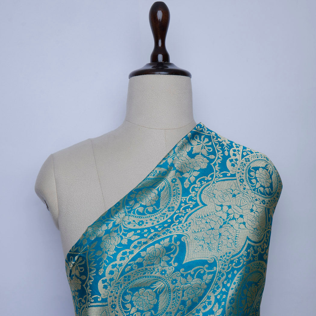Blue Banarasi Silk Fabric With Floral Pattern