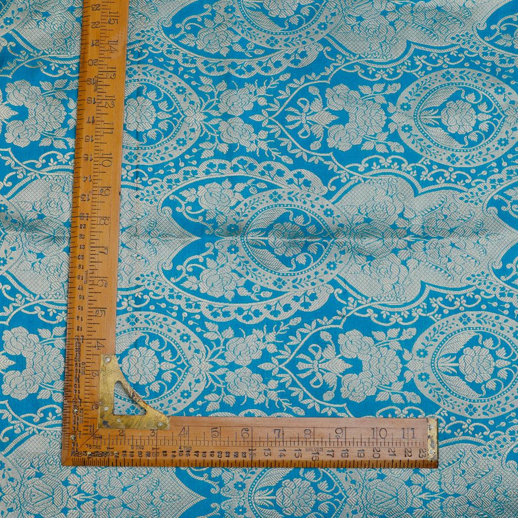 Blue Banarasi Silk Fabric With Floral Pattern