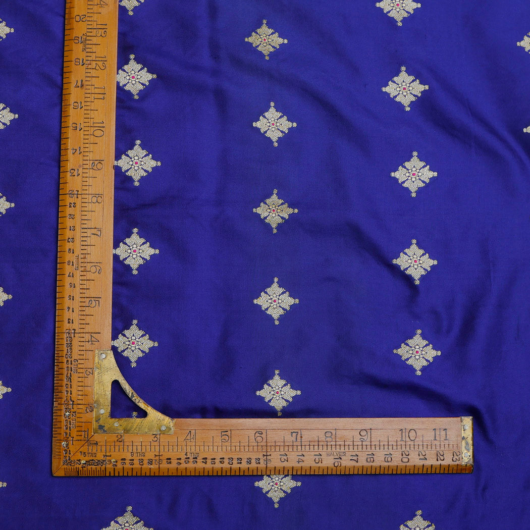 Dark Blue Silk Fabric With Floral Buttis