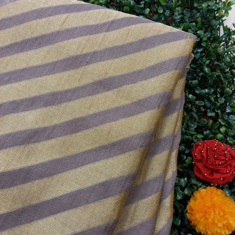 Tan Brown Jamawar Silk Fabric With Golden Stripes