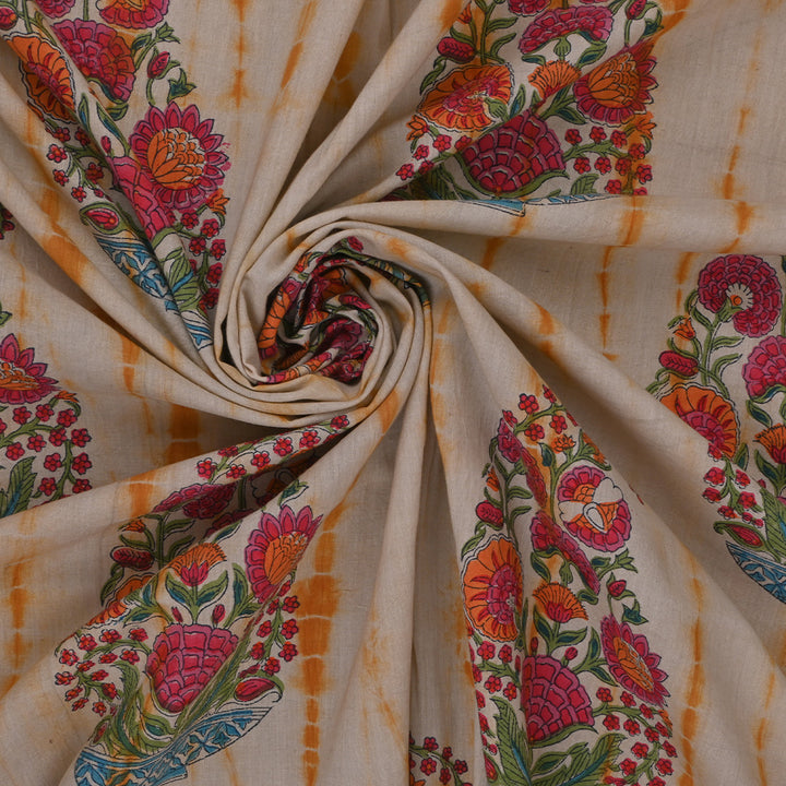 Cream White Printed Floral-Paisely Cotton Fabric