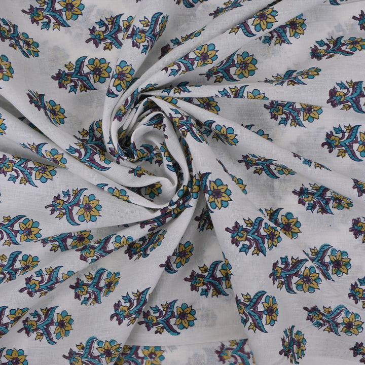 Swan White Printed Floral Cotton Fabric