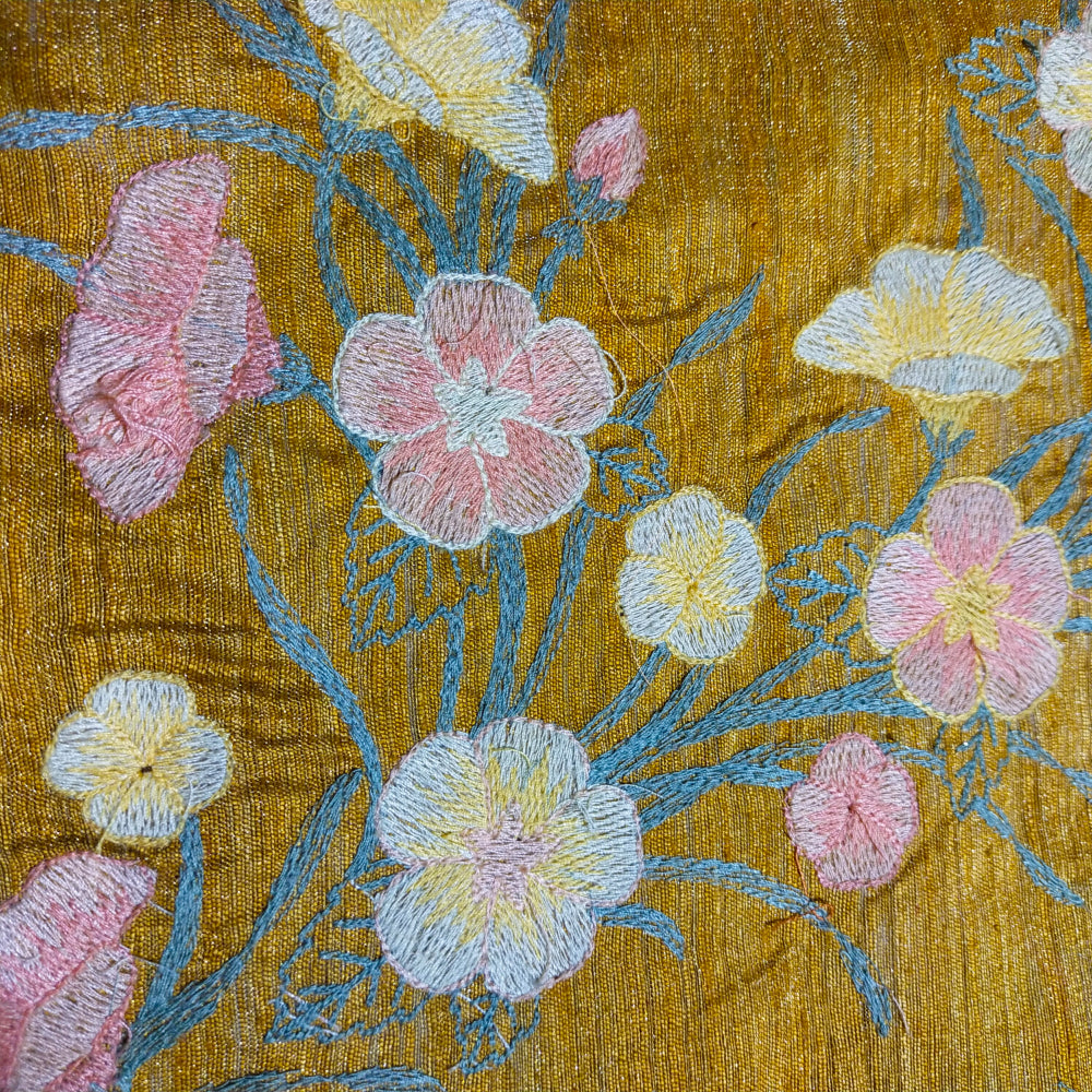 Golden Yellow Floral Jaal Thread Embroidery Matka Tissue Fabric.