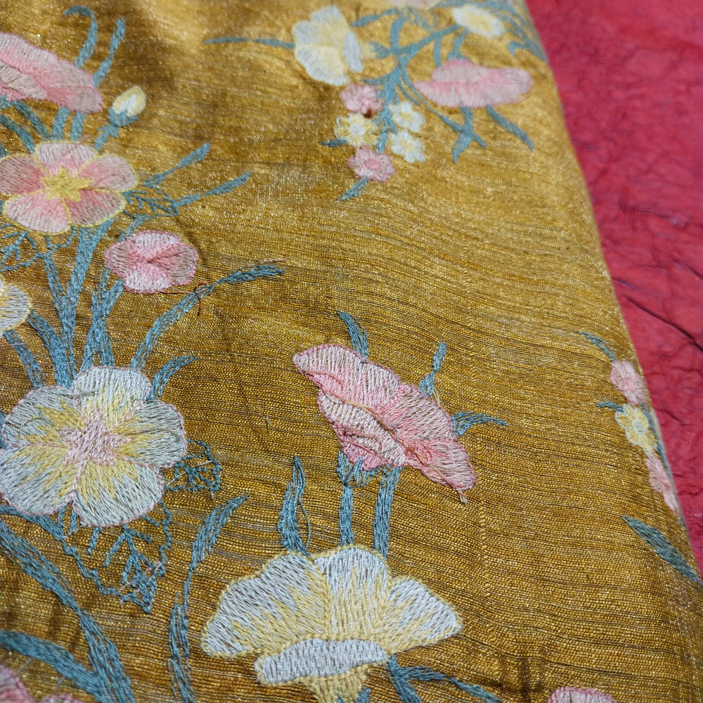 Golden Yellow Floral Jaal Thread Embroidery Matka Tissue Fabric.
