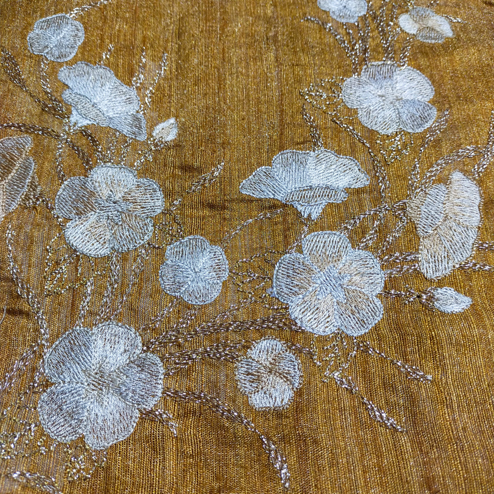 Golden Yellow Floral Jaal Thread Embroidery Matka Tissue Fabric..
