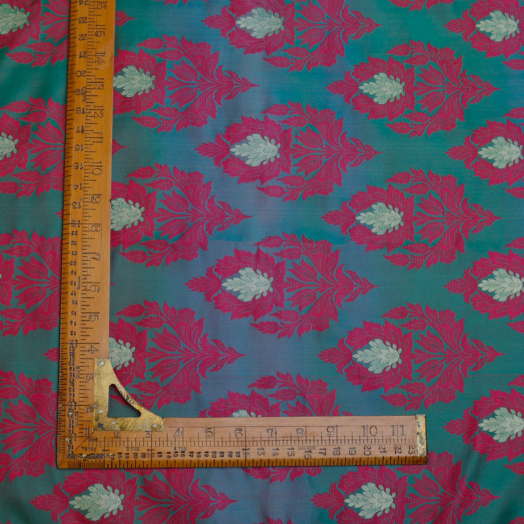 Dark Green Silk Fabric With Floral Motifs