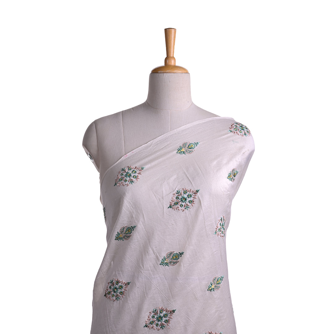 White Chanderi Fabric With Thread Work Embroidery