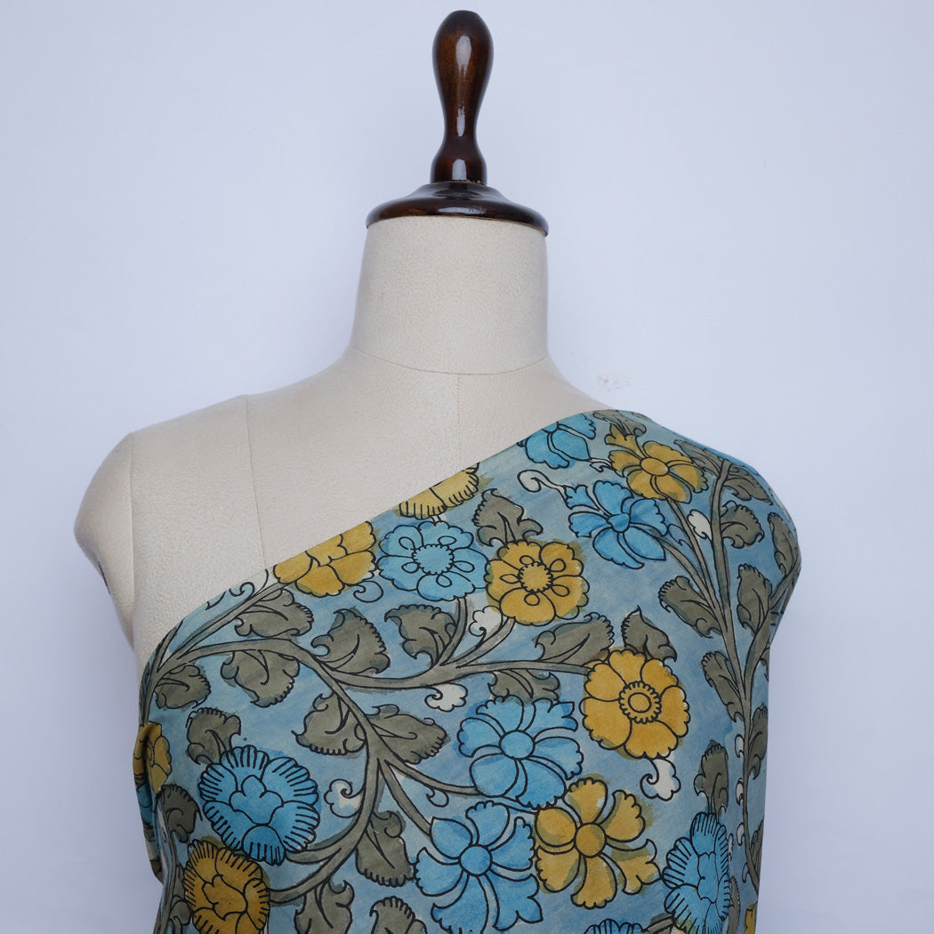 Powder Blue Floral Printed Dupion Silk Fabric