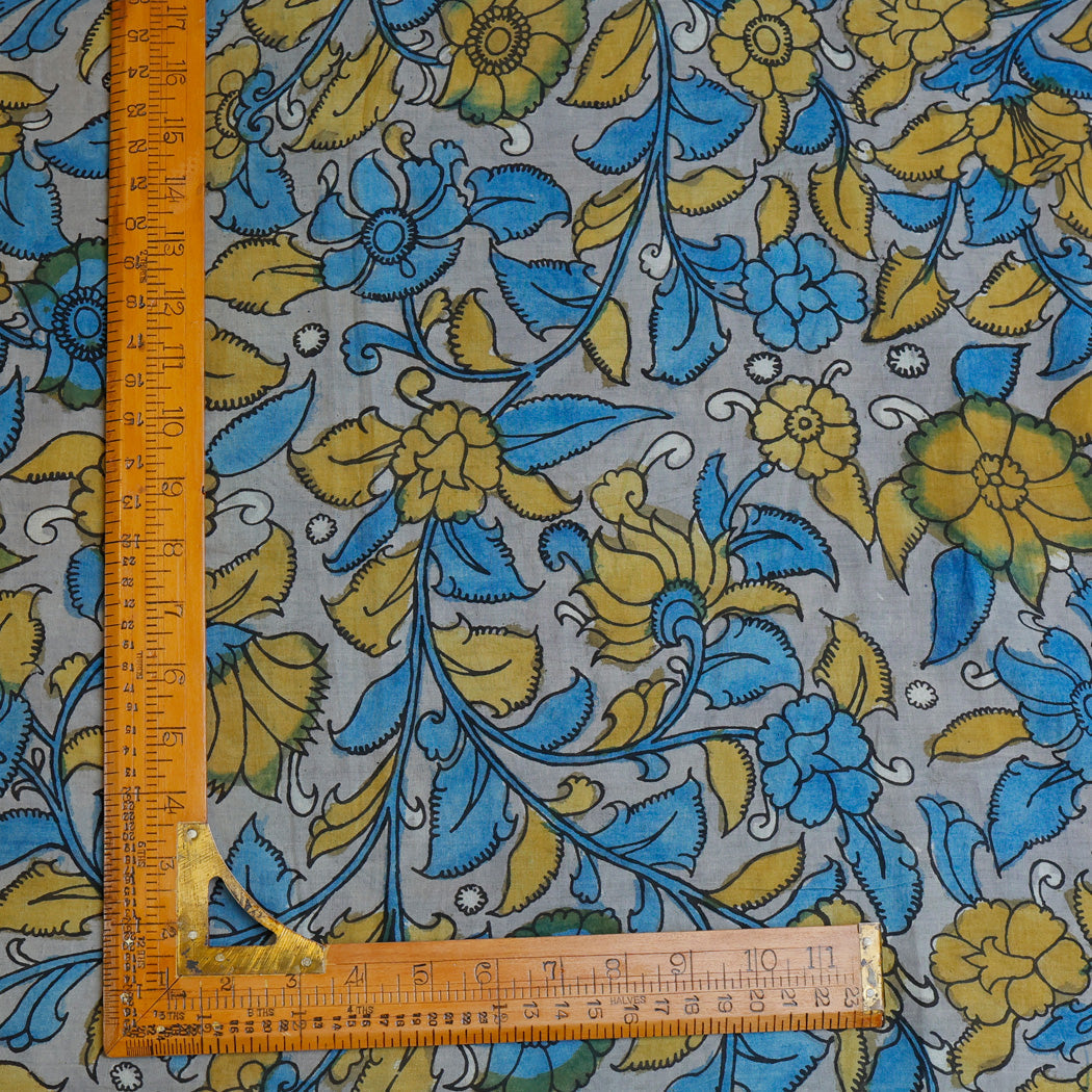 Powder Blue Floral Printed Dupion Silk Fabric