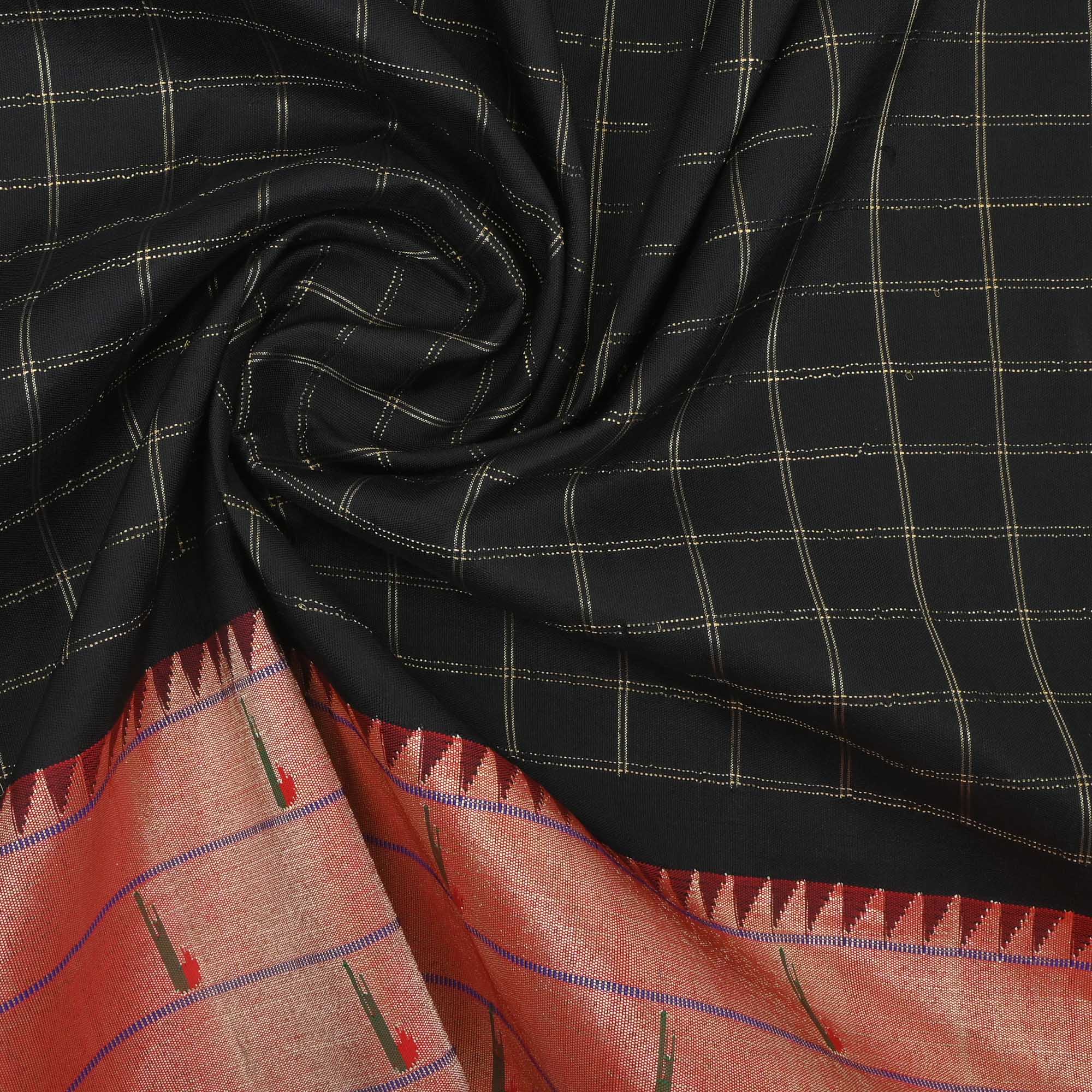 Deep Black Checks Silk Fabric With Paithani Border