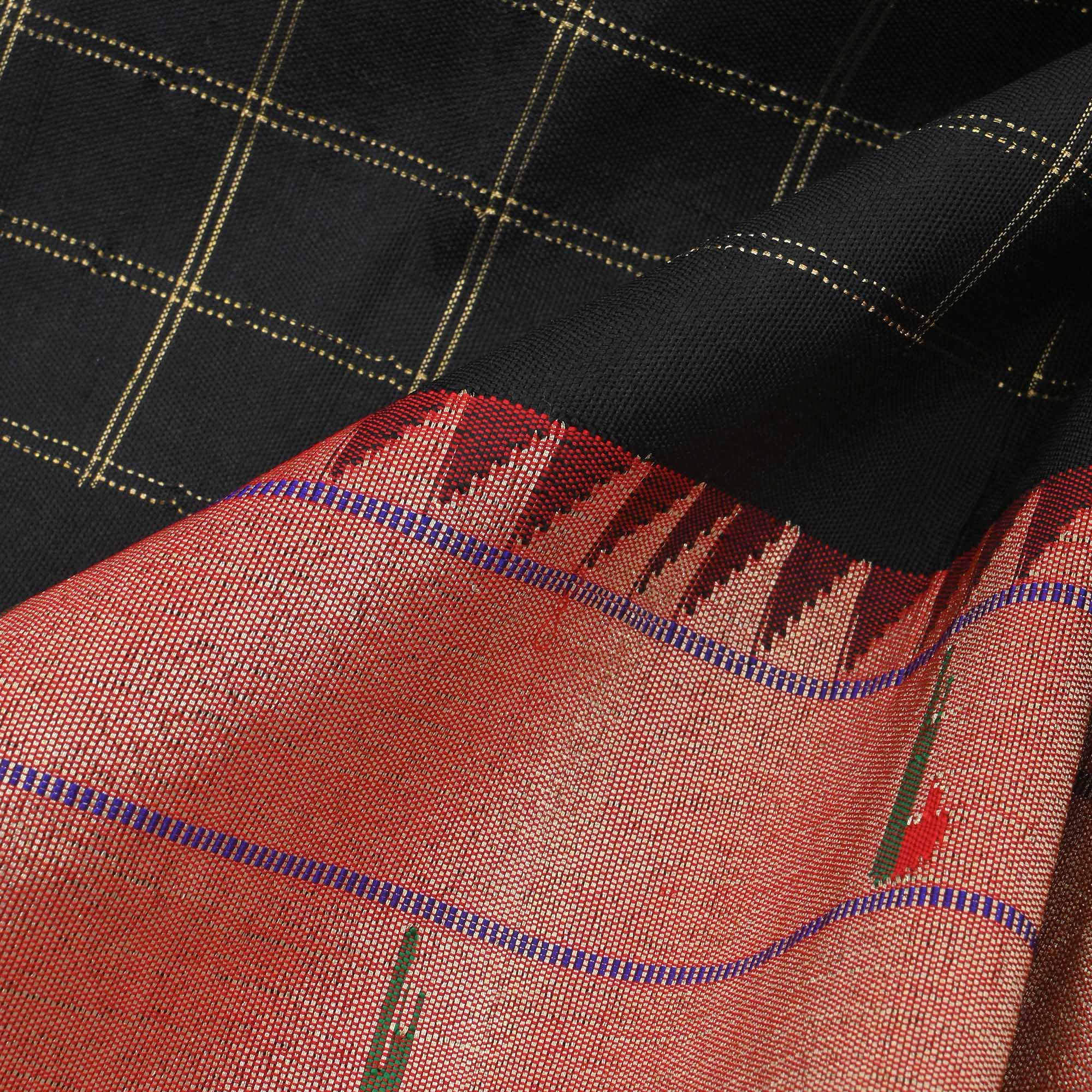 Deep Black Checks Silk Fabric With Paithani Border