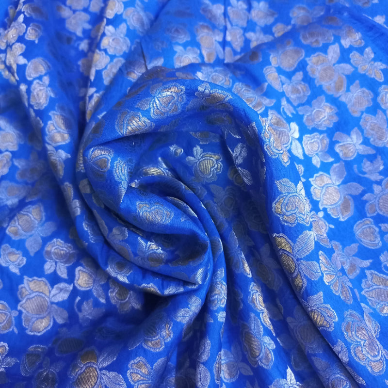 Azure Blue Jamawar Silk Fabric With Floral Buttis