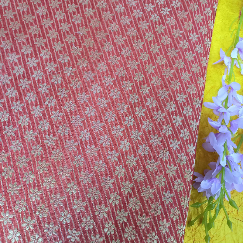 Coral Red Jamawar Silk Fabric With Floral Buttis