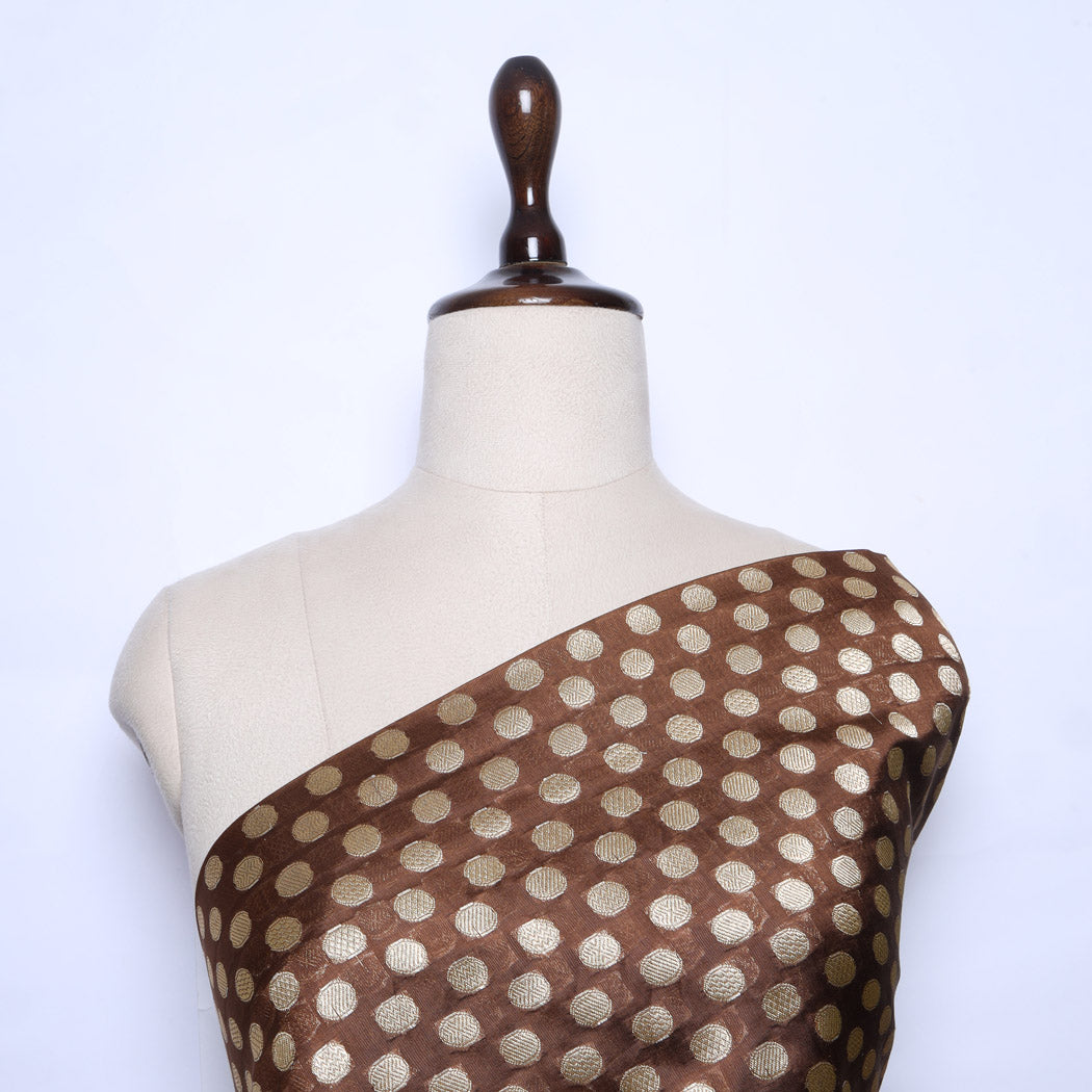 Dark Brown Banarasi Silk Fabric With Polka Dots
