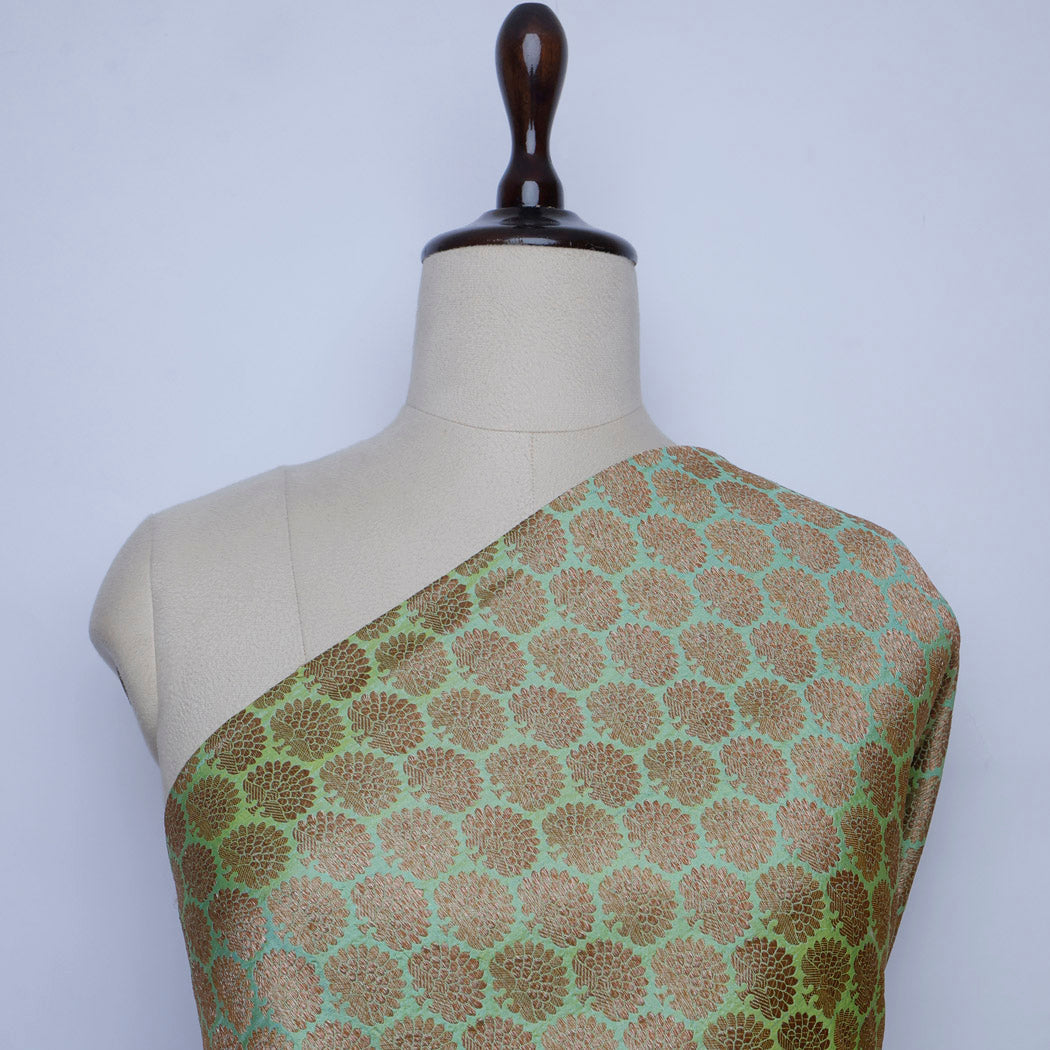 Light Green Silk Fabric With Floral Buttis