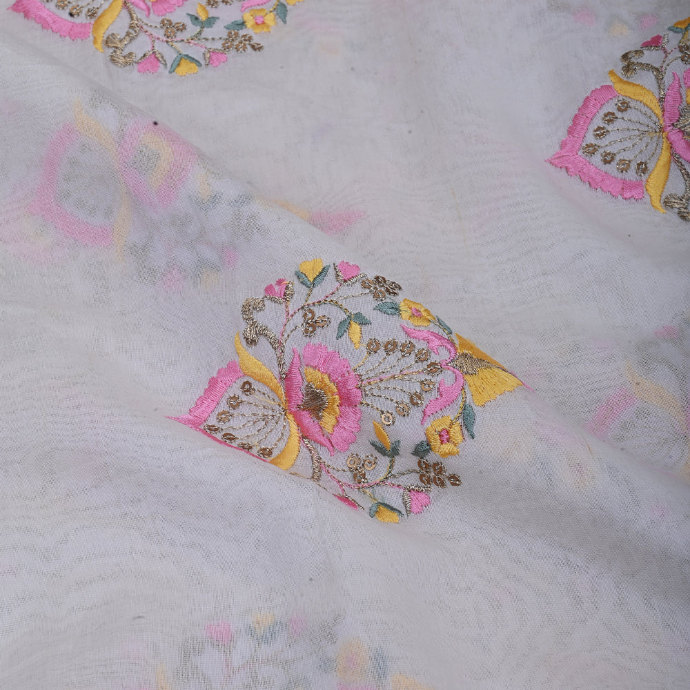 Classic White Thread Work Embroidery Chanderi Fabric