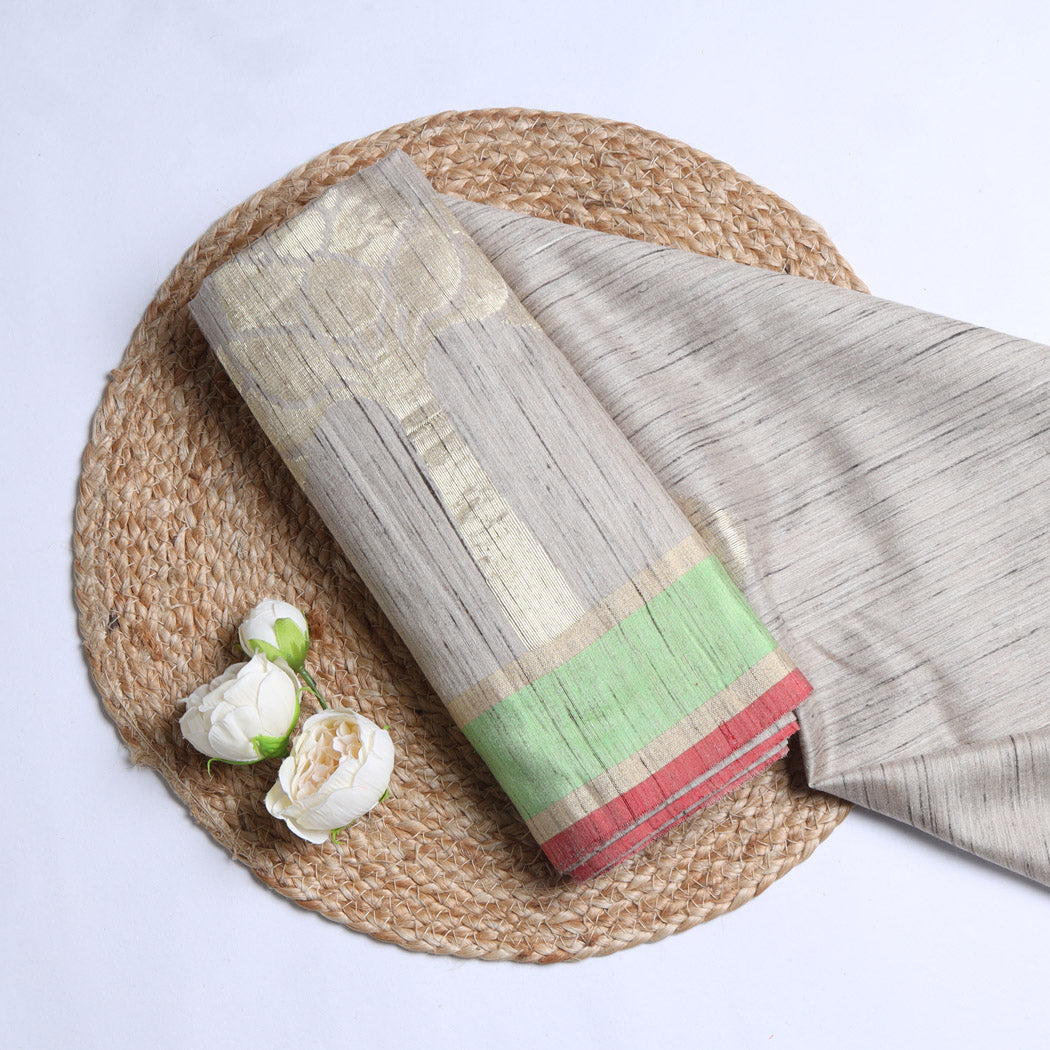 Pastel Grey Tussar Fabric With Tree Motifs