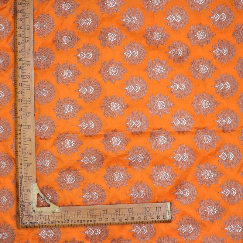 Fire Orange Jamawar Silk Fabric With Floral Buttas