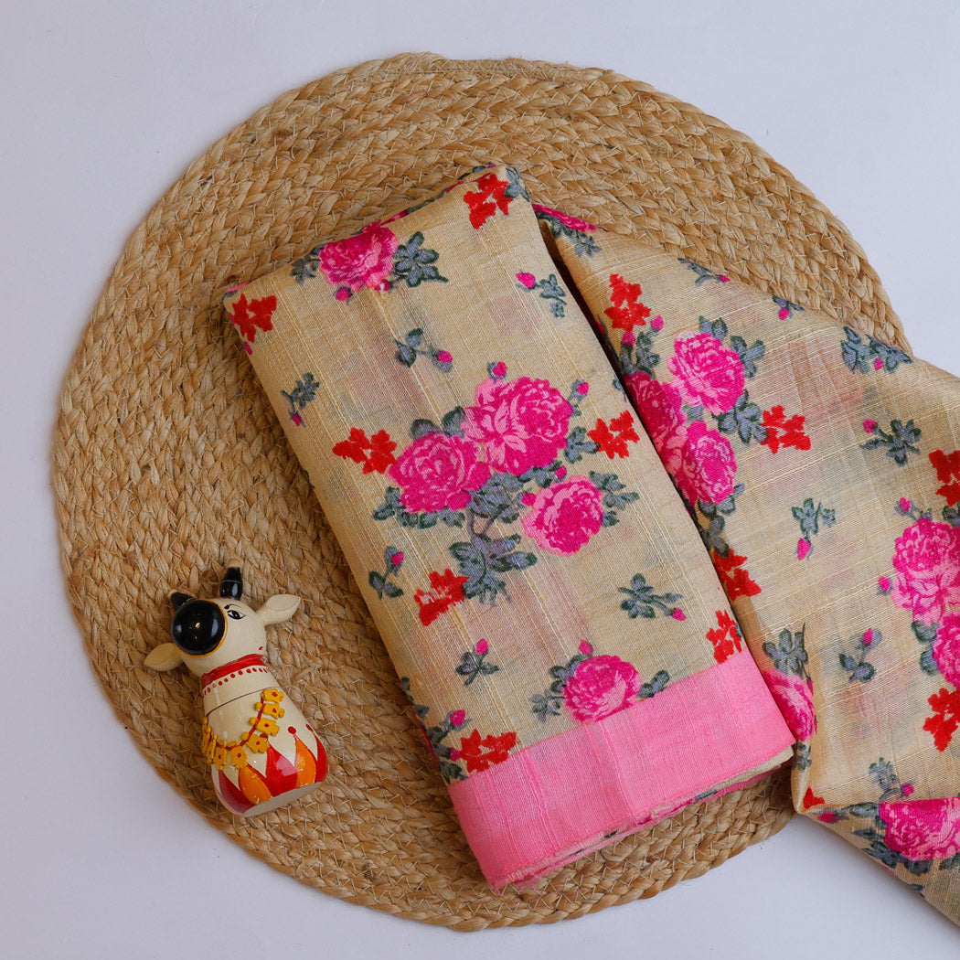 Pastel Beige Printed Dupion Silk Fabric