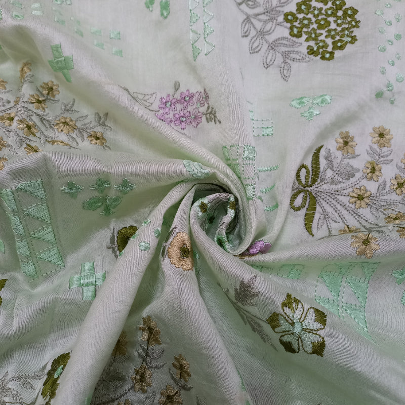 Pastel Tea Green Floral Embroidery Chanderi Fabric