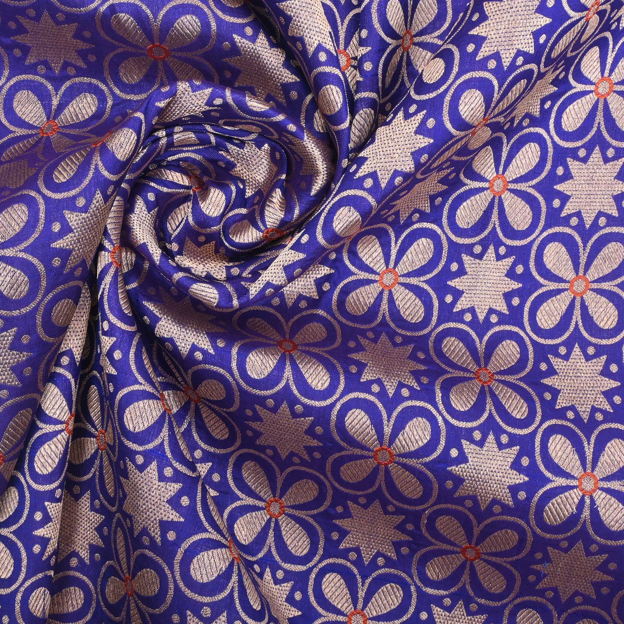 Iris Blue Banarasi Floral Weave Fabric