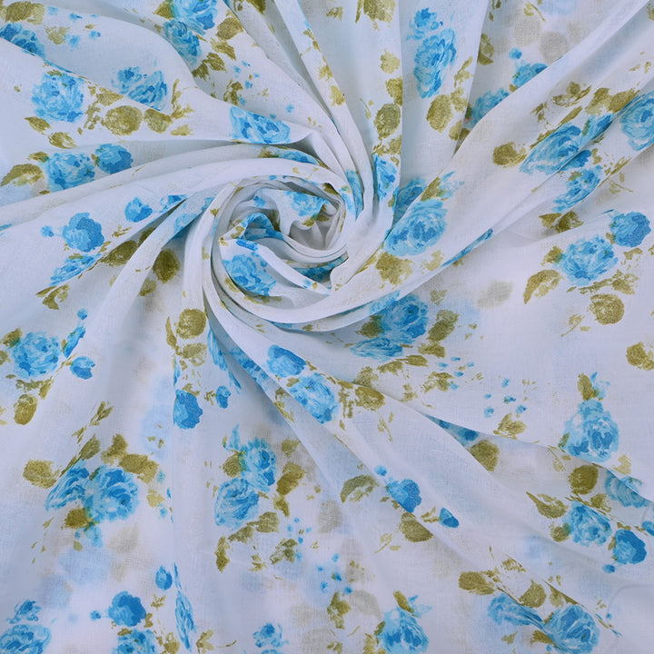 Bright White Printed Floral Chanderi Fabric