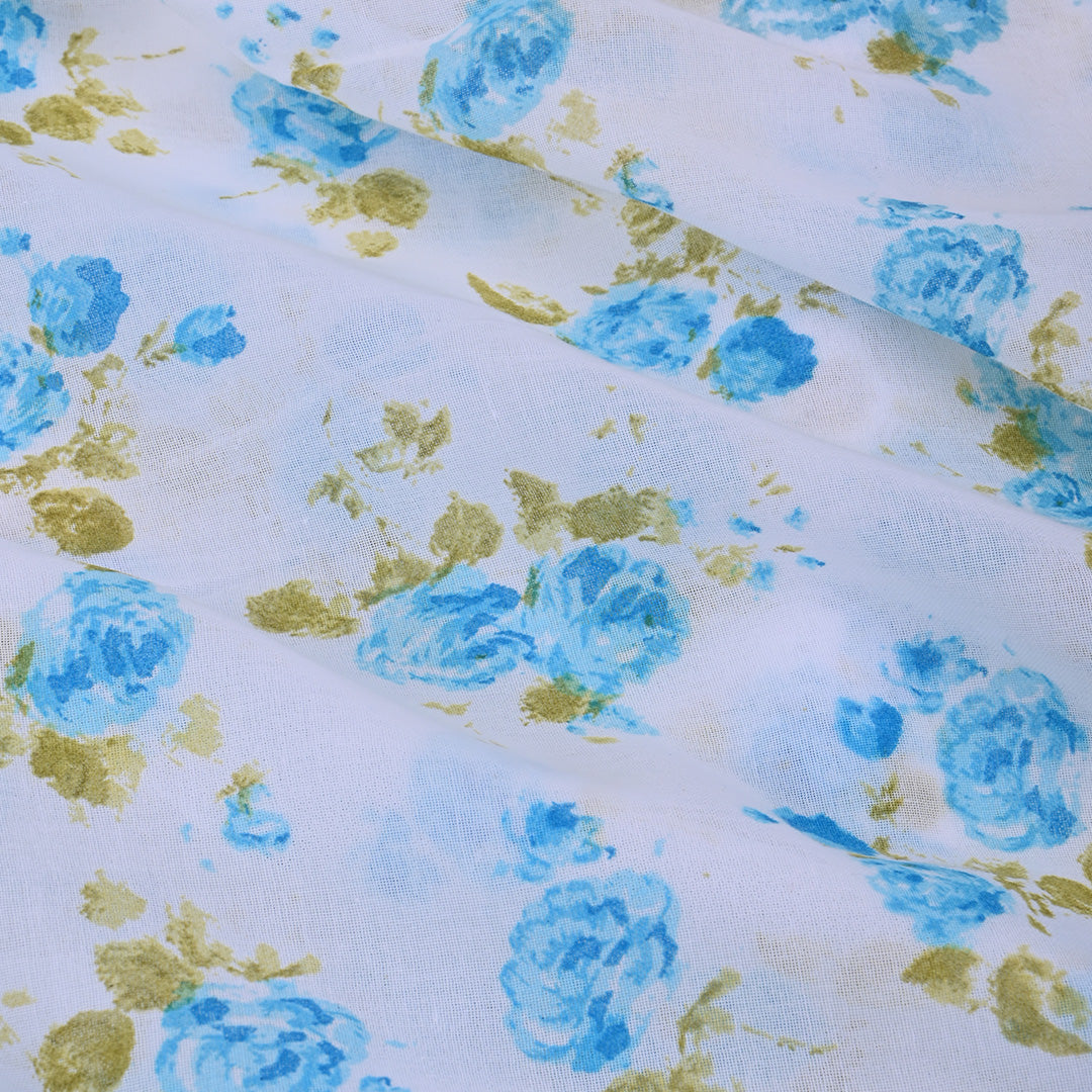 Bright White Printed Floral Chanderi Fabric