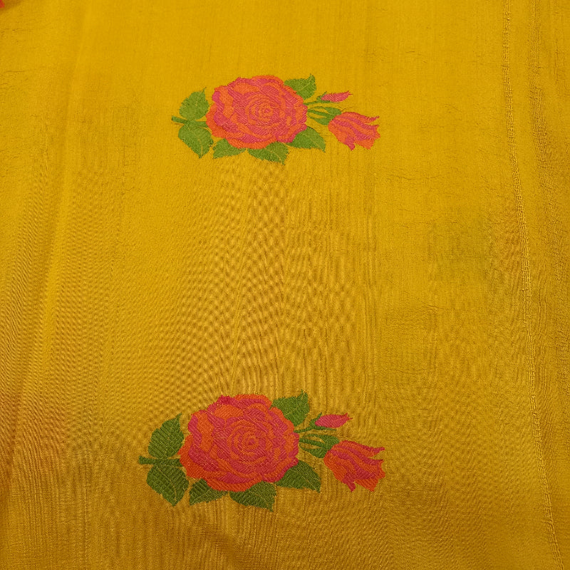 Golden Yellow Tussar Fabric With Floral Thread Embroidery