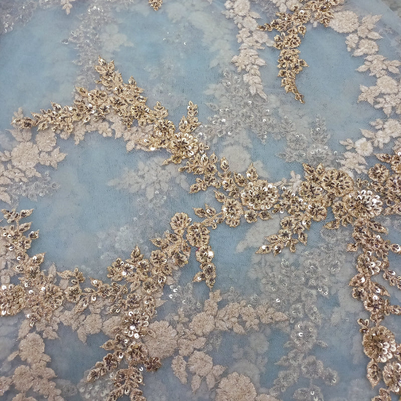 Baby Blue Net Fabric With Sequence And Thread Embroidery