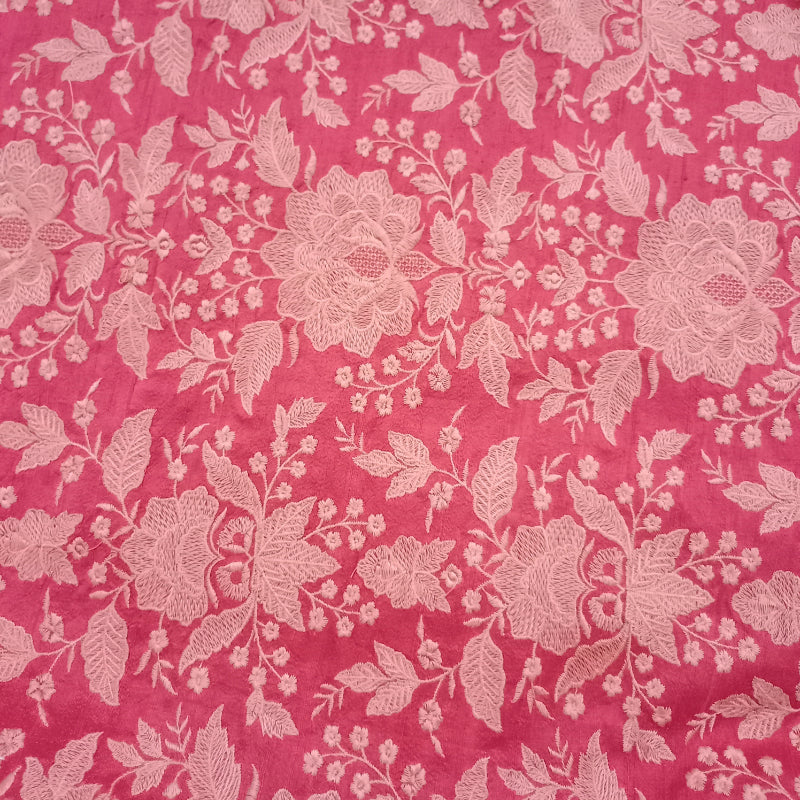 Red Thread Floral-Jaal Embroidery Dupion Silk Fabric