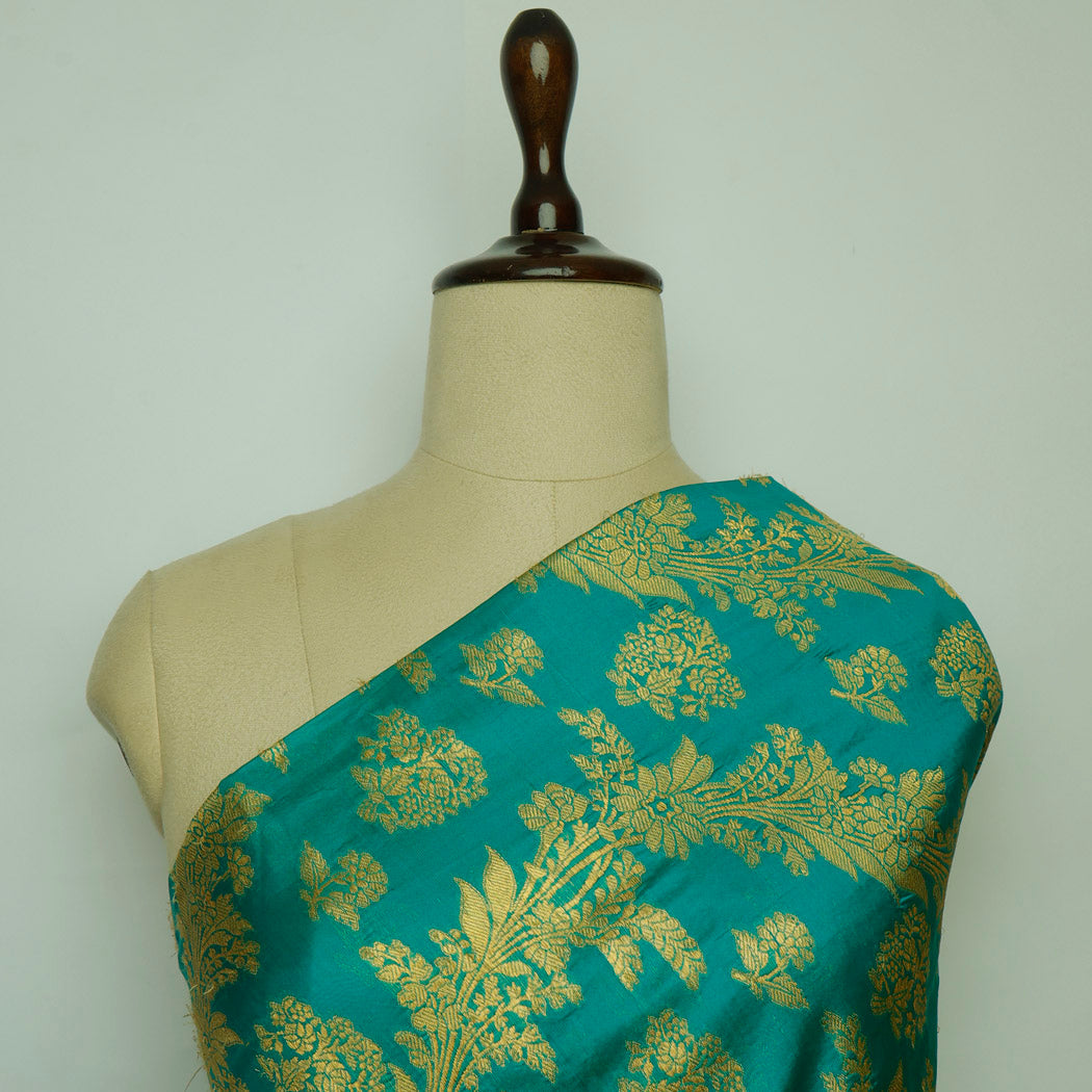 Teal Green Silk Fabric With Floral Patterns