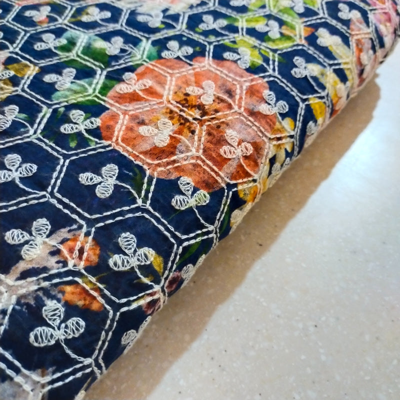 Navy Blue Floral Printed With Chikankari Chanderi Fabric