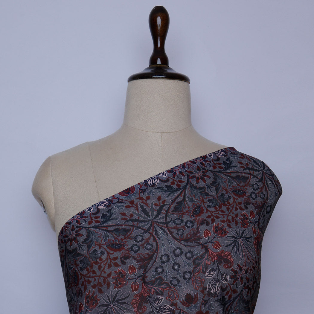 Earthy Blue Chiffon Fabric With Floral Printed Pattern