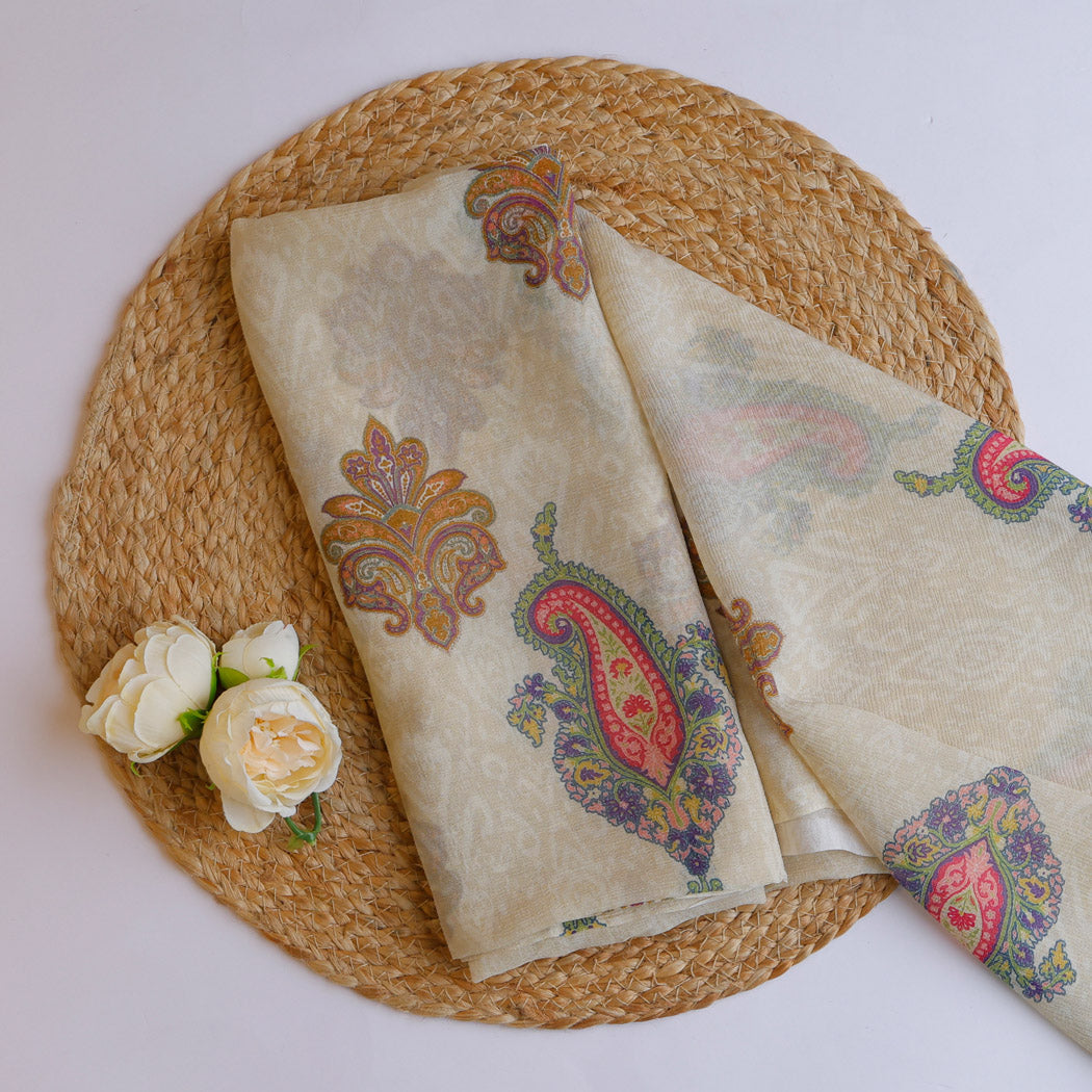 Off-White Chiffon Fabric With Floral Printed Pattern