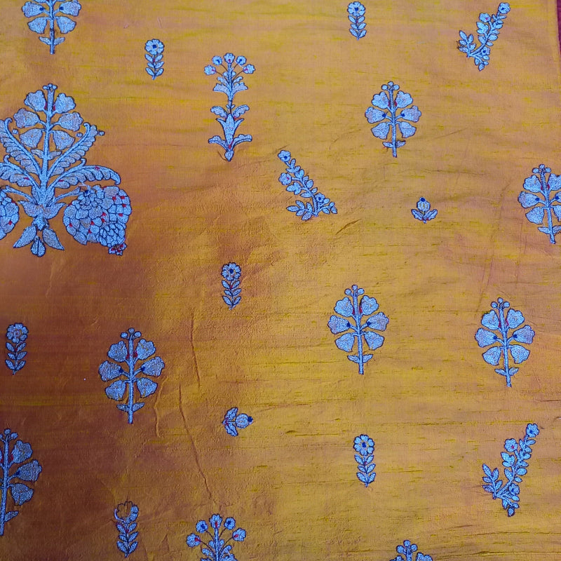 Orange-Yellow Floral Buttas Raw Silk Fabric