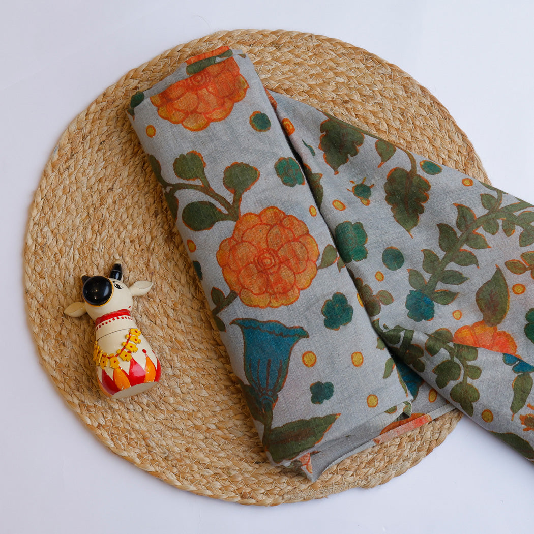 Pastel Ice Blue Kalamkari Printed Tussar Fabric