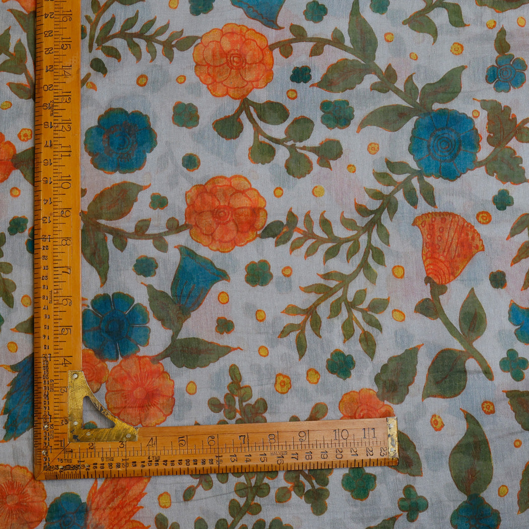 Pastel Ice Blue Kalamkari Printed Tussar Fabric