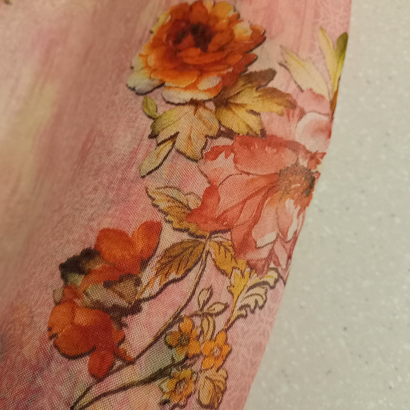 Bubble Gum Pink Printed Organza Fabric With Floral Pattern