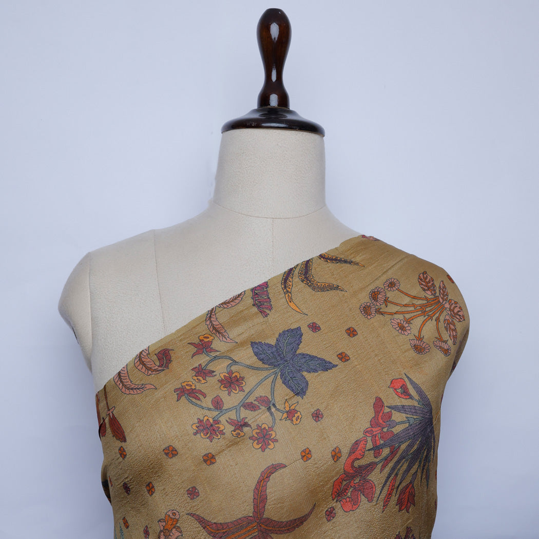 Pastel Brown Floral Printed Organza Tussar Fabric